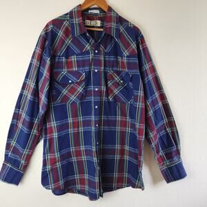 HB Company Men's XL Tall Pearl Snap Long Sleeve Red Blue Plaid Shirt